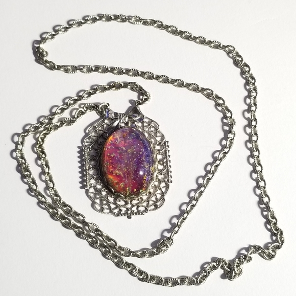 Relisted -Vintage glass dragon breath faux opal Art Deco silver tone bow - Picture 16 of 16